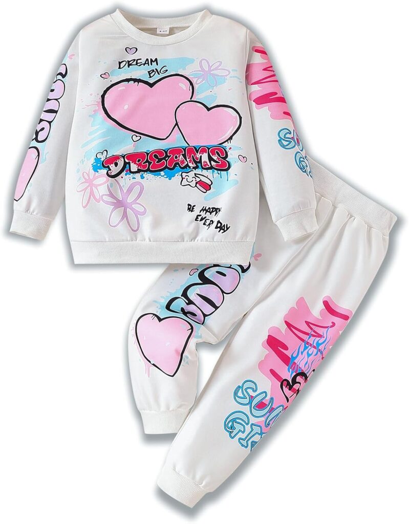 Kids Toddler Girl Clothes Heart Letter Print Long-sleeved round collar top+Letter Print Pants Outfits Set