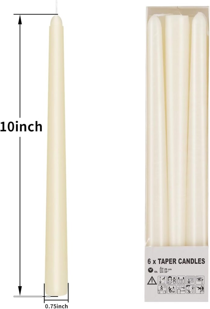 KORCCI Ivory Taper Candles 10 Inch - Set of 6 Long Candles, 8 Hours Long Burning, Smokeless Unscented Dripless, for Christmas Holiday Décor, Weddings, Birthdays, Dinner, Rituals (Ivory) KORCCI Ivory Taper Candles 10 Inch - Set of 6 Long Candles, 8 Hours Long Burning, Smokeless Unscented Dripless, for Christmas Holiday Décor, Weddings, Birthdays, Dinner, Rituals (Ivory)