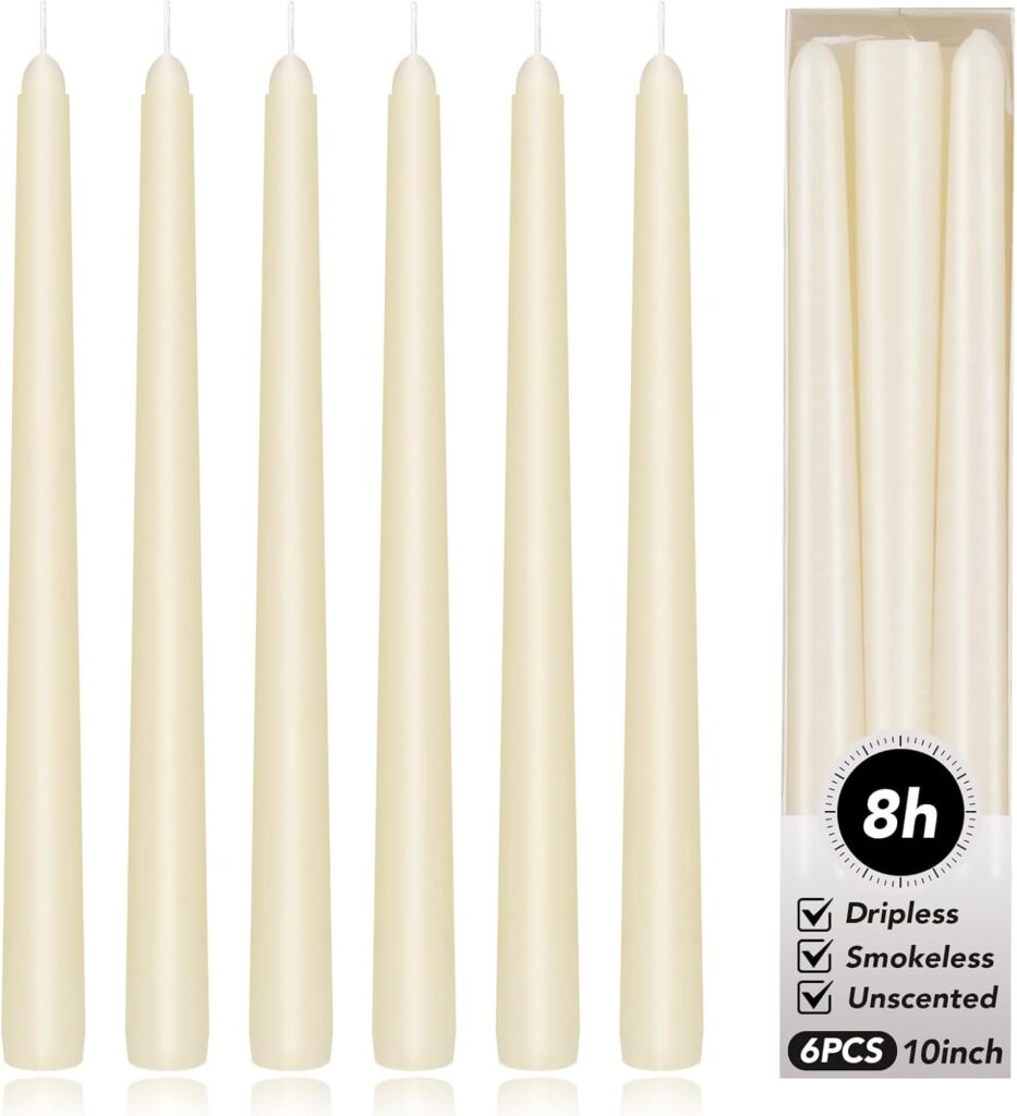 KORCCI Ivory Taper Candles 10 Inch - Set of 6 Long Candles, 8 Hours Long Burning, Smokeless Unscented Dripless, for Christmas Holiday Décor, Weddings, Birthdays, Dinner, Rituals (Ivory) KORCCI Ivory Taper Candles 10 Inch - Set of 6 Long Candles, 8 Hours Long Burning, Smokeless Unscented Dripless, for Christmas Holiday Décor, Weddings, Birthdays, Dinner, Rituals (Ivory)