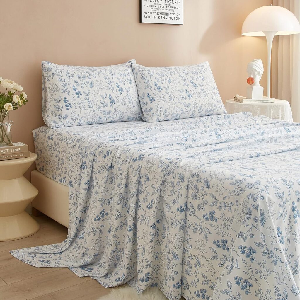 LifeTB 3 Piece Floral Bed Sheets Set Twin XL Sheets  Pillowcase Set - Extra Soft Vintage Blue Floral Sheets Set Deep Pocket 16 - Botanical Flower Luxury Soft Cooling Bed Sheets for Twin XL Size Bed