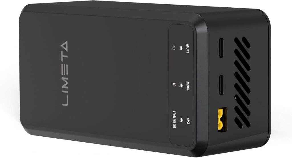 LIMETA 200W Multi-Port Charger, 140W USB C+100W USBC,24V DC Port, Compact and Portable Size,Efficient Heat Dissipation, Comprehensive Safety Protection, Dual-Channel Charging