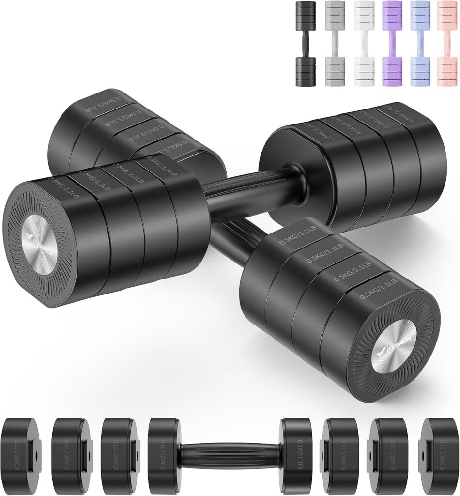 MERACH Dumbbell Set of 2, Adjustable Weight, Anti-slip Handle, Macaron Colors, Each 2.2/4.4/6.6/8.8 lbs, 4 in 1 Hand Weights for Women at Home