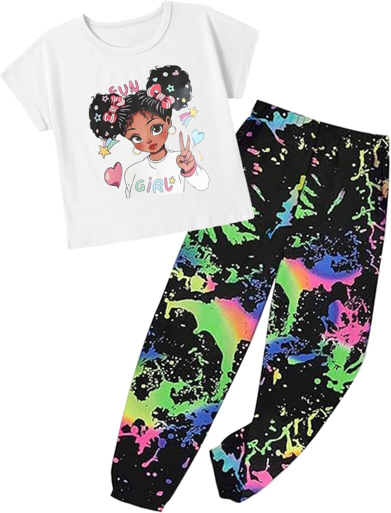 mksodop Girls Clothes 2 Pieces Solid Color Short Sleeve Fashion Printed T-Shirt and Camouflage Pants Girls Outfits Set