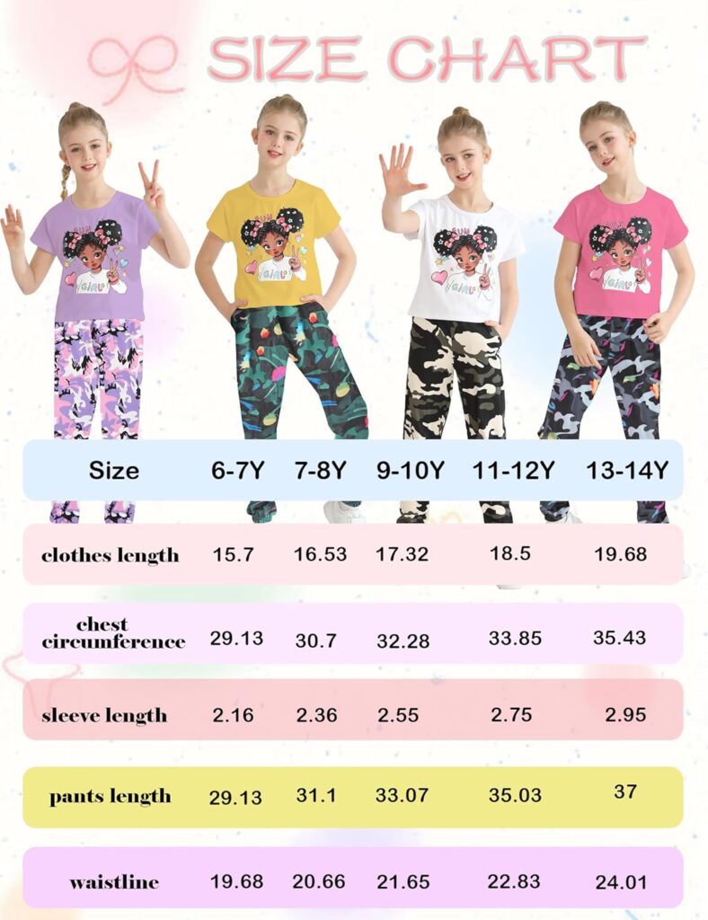 mksodop Girls Clothes 2 Pieces Solid Color Short Sleeve Fashion Printed T-Shirt and Camouflage Pants Girls Outfits Set