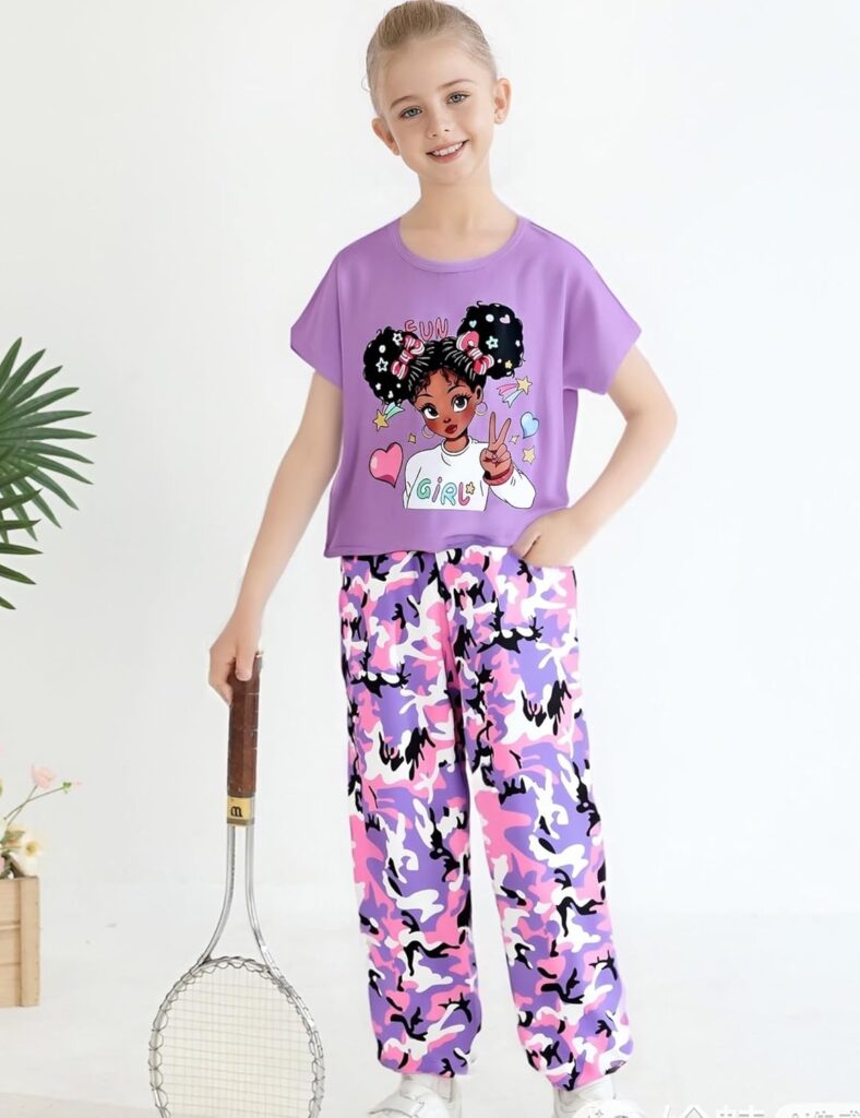 mksodop Girls Clothes 2 Pieces Solid Color Short Sleeve Fashion Printed T-Shirt and Camouflage Pants Girls Outfits Set