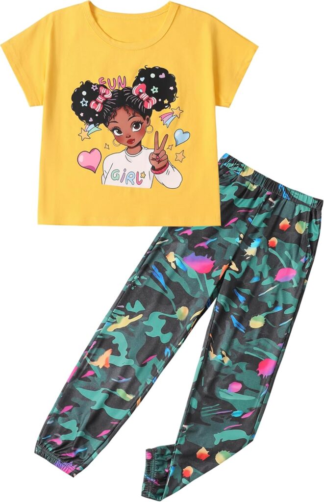 mksodop Girls Clothes 2 Pieces Solid Color Short Sleeve Fashion Printed T-Shirt and Camouflage Pants Girls Outfits Set