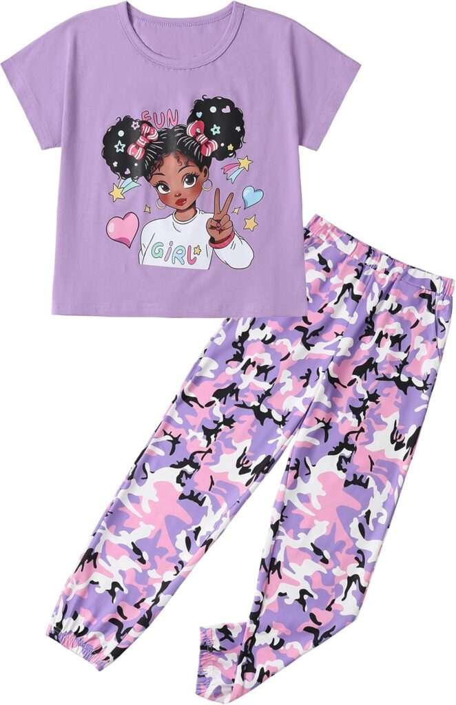 mksodop Girls Clothes 2 Pieces Solid Color Short Sleeve Fashion Printed T-Shirt and Camouflage Pants Girls Outfits Set