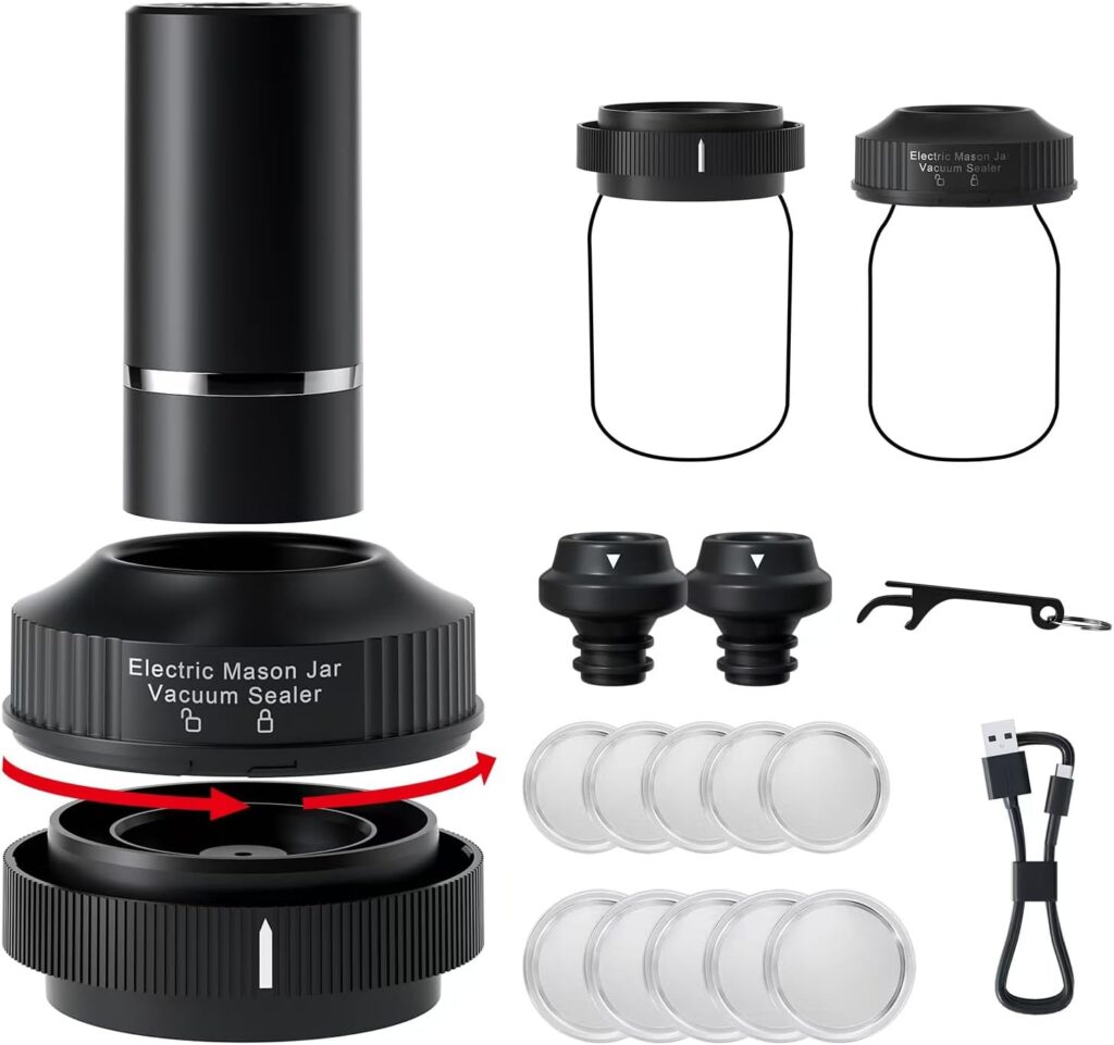 Multi-Functional Electric Mason Jar Vacuum Sealer Kit - Wireless Kitchen Sealer with 2 Vacuum Wine Stoppers, Standard  Wide Mouth Lids, Lid Opener, and USB Charging