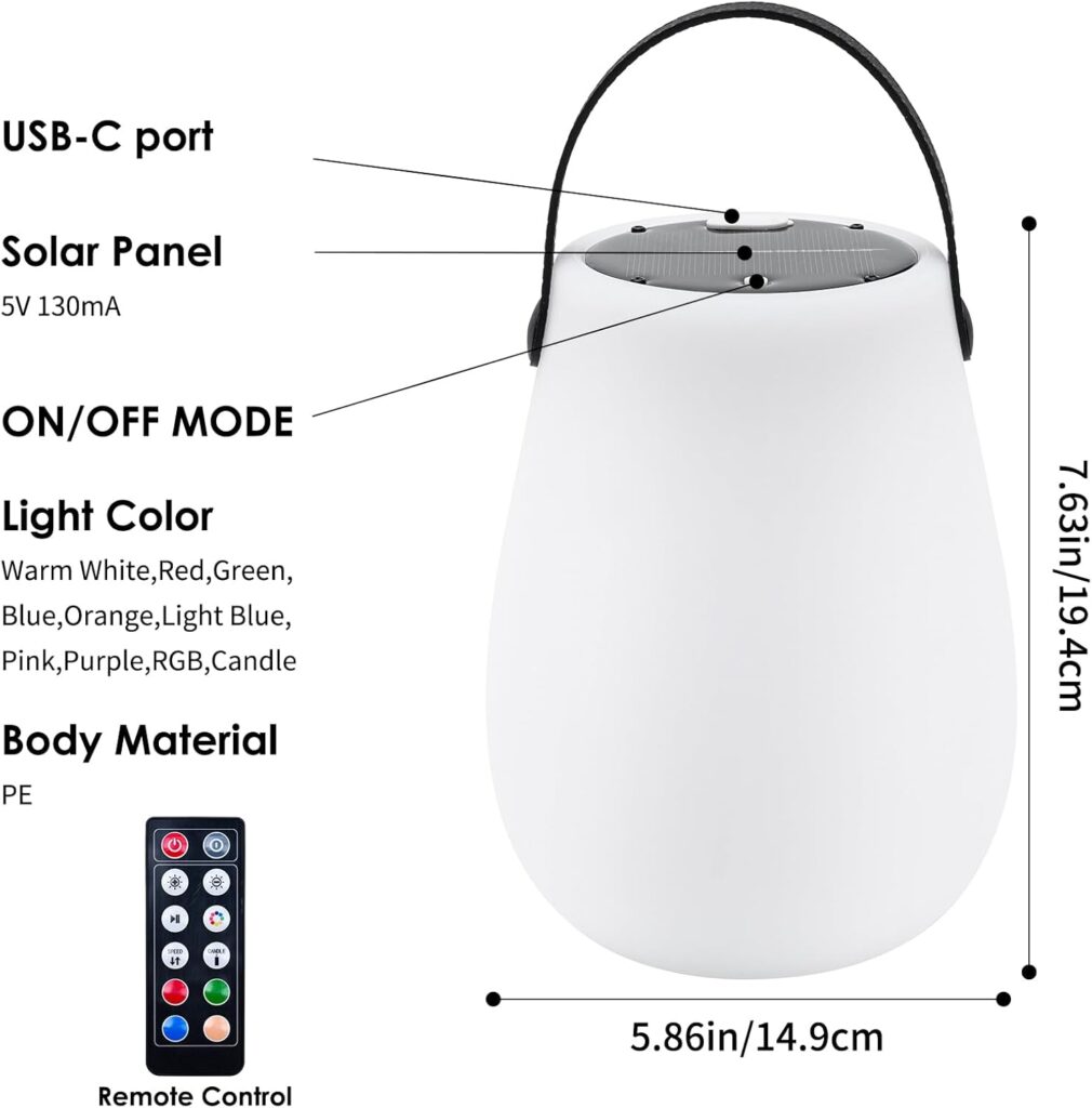 Portable Solar Lamp ,Handheld Rechargeable LED Solar Light with 8 Color Changing Modes, Waterproof Ambient Light Perfect for Patio, Garden, Camping, Nighttime Reading, Coffee Bars, Bedroom
