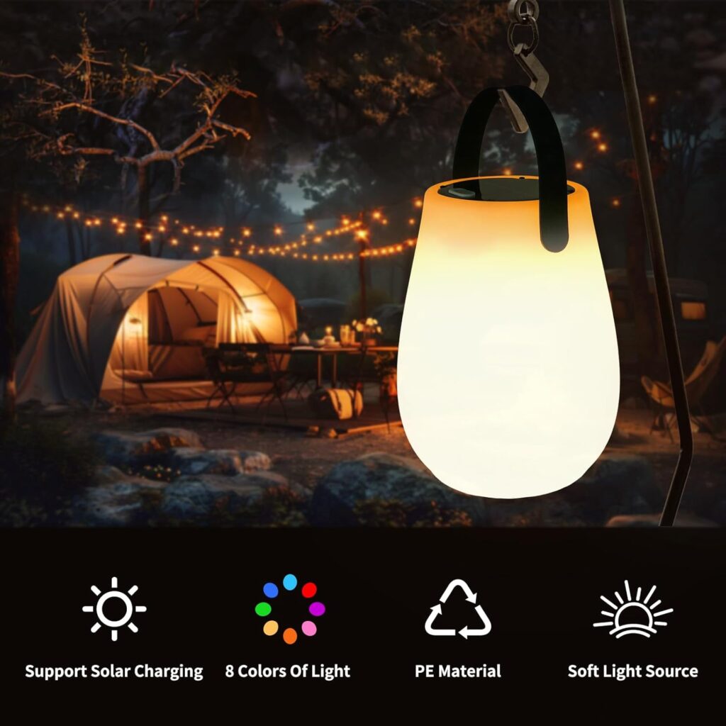 Portable Solar Lamp ,Handheld Rechargeable LED Solar Light with 8 Color Changing Modes, Waterproof Ambient Light Perfect for Patio, Garden, Camping, Nighttime Reading, Coffee Bars, Bedroom