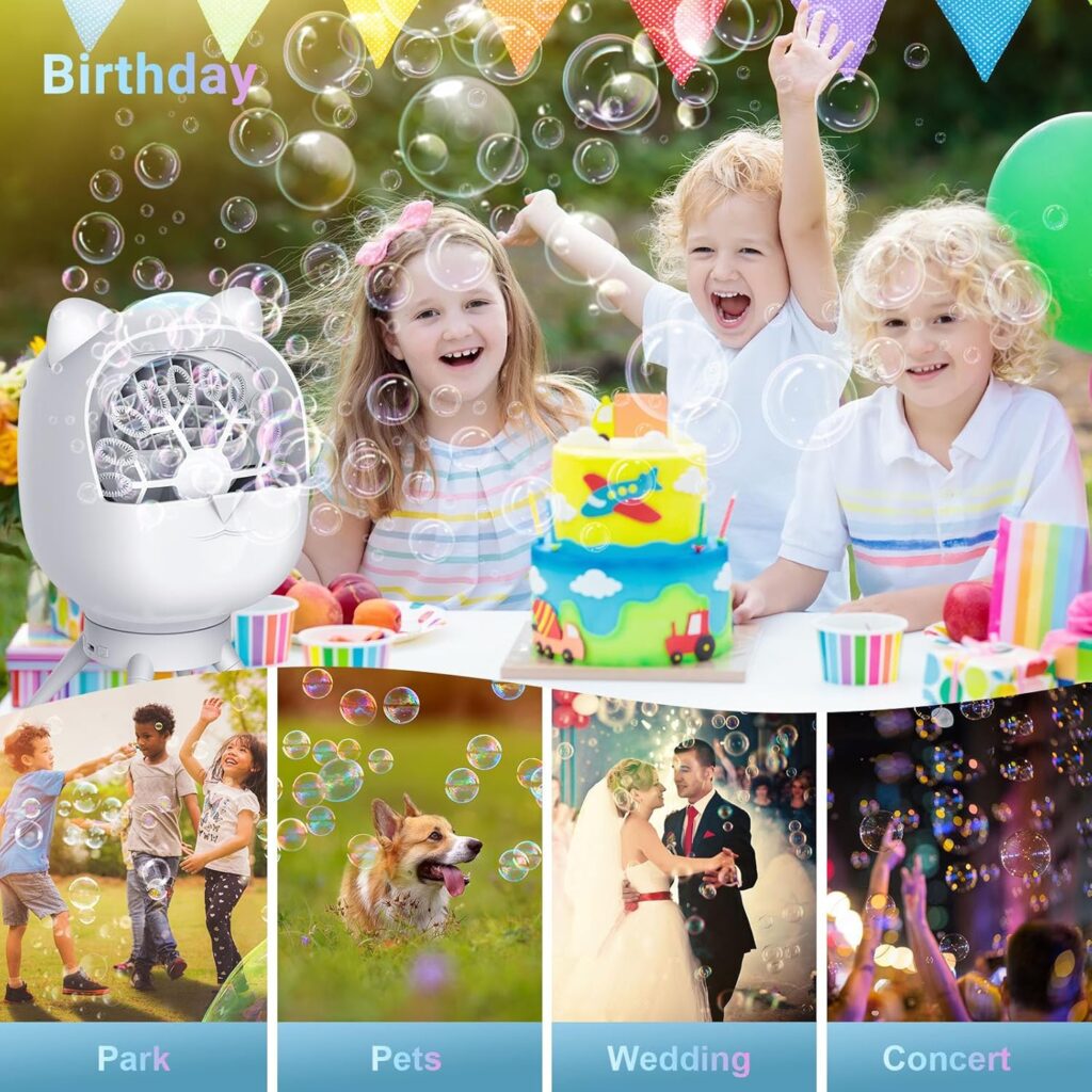 Rechargeable Bubble Machine, 180° Automatic-Rotating, 38000+ Big Bubbles/min, 500ml Large Capacity, Bubble Maker Machine for Kids, Toddlers, Outdoor, Parties, Birthday, Wedding, White Rechargeable Bubble Machine, 180° Automatic-Rotating, 38000+ Big Bubbles/min, 500ml Large Capacity, Bubble Maker Machine for Kids, Toddlers, Outdoor, Parties, Birthday, Wedding, White