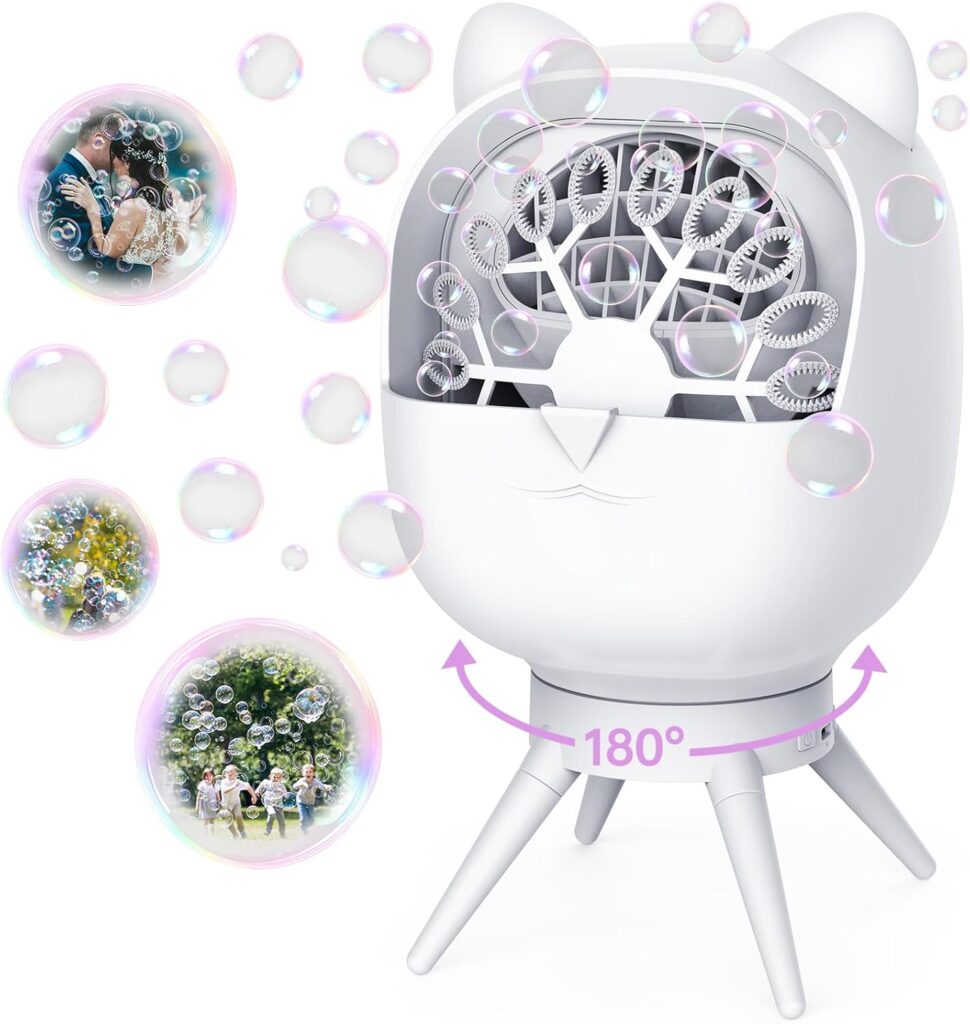 Rechargeable Bubble Machine, 180° Automatic-Rotating, 38000+ Big Bubbles/min, 500ml Large Capacity, Bubble Maker Machine for Kids, Toddlers, Outdoor, Parties, Birthday, Wedding, White Rechargeable Bubble Machine, 180° Automatic-Rotating, 38000+ Big Bubbles/min, 500ml Large Capacity, Bubble Maker Machine for Kids, Toddlers, Outdoor, Parties, Birthday, Wedding, White
