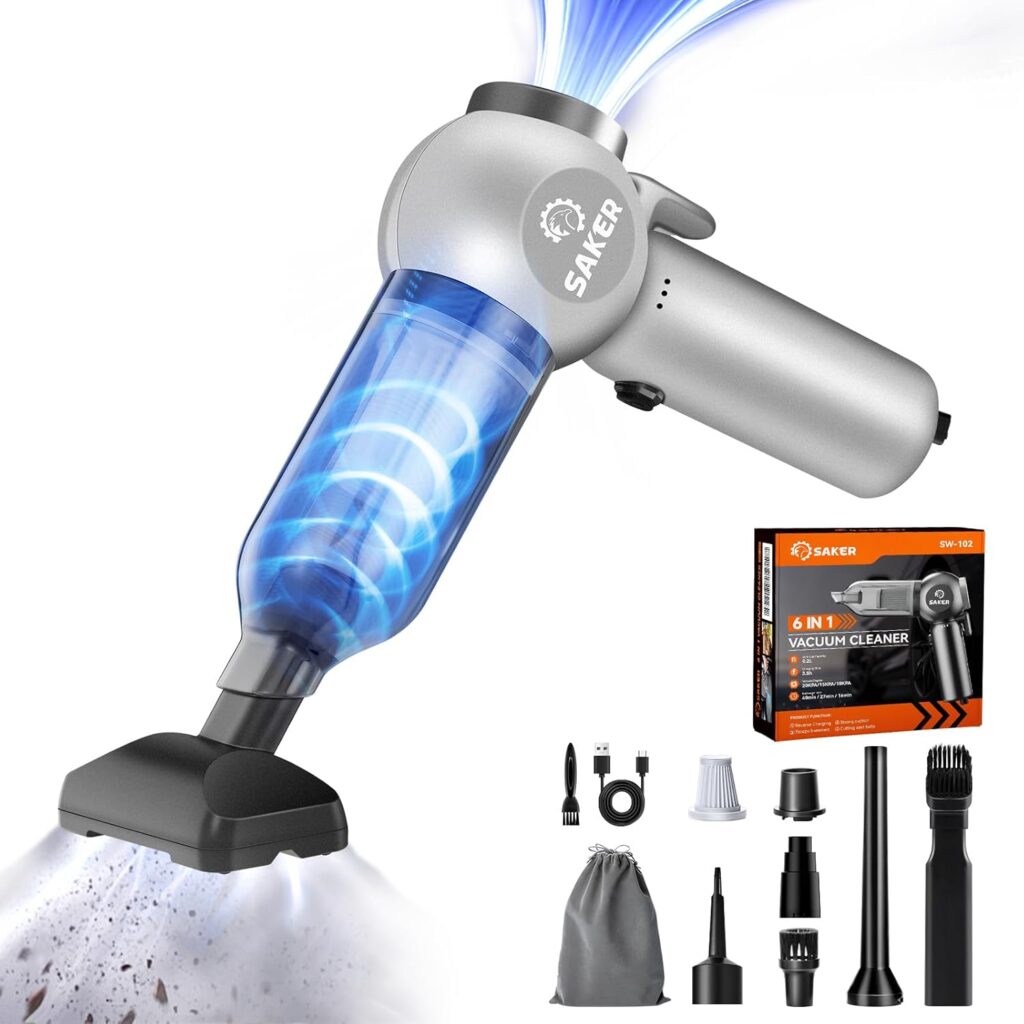 Saker Car Vacuum Portable 6-in-1 Handheld Cordless Vacuums, 20000PA Suction, 7800mAh Blower, Window Breaker, Seatbelt Cutter for Car, Home  Office Cleaning SW102 Silver