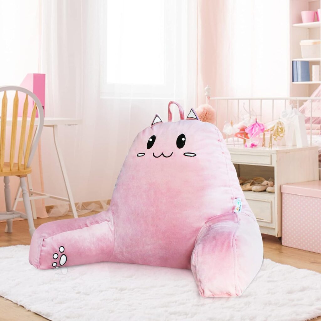 SUNSIDE Reading Pillow for Sitting in Bed, Cute Back Pillows for Adult, Shredded Memory Foam Bed Rest with Arms, Cat Design Bed Pillow, Relaxing, Watching TV, Gaming