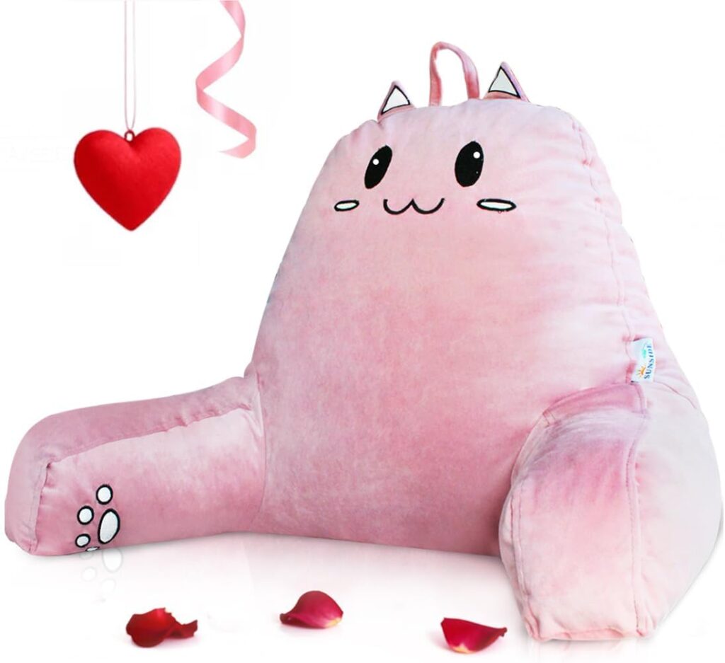 SUNSIDE Reading Pillow for Sitting in Bed, Cute Back Pillows for Adult, Shredded Memory Foam Bed Rest with Arms, Cat Design Bed Pillow, Relaxing, Watching TV, Gaming