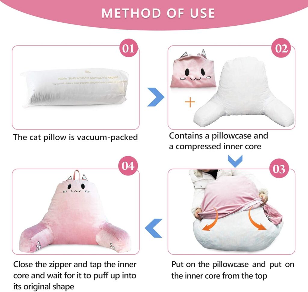 SUNSIDE Reading Pillow for Sitting in Bed, Cute Back Pillows for Adult, Shredded Memory Foam Bed Rest with Arms, Cat Design Bed Pillow, Relaxing, Watching TV, Gaming