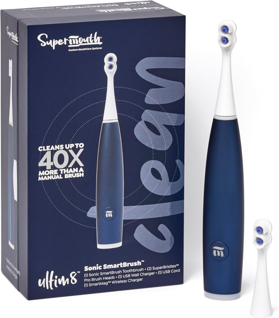 SuperMouth® ULTIM8 SmartBrush™ Electric Toothbrush - Patented SuperBristles® Clean Teeth 40X Better, Dual Sonic Modes, Pressure Sensor, Stunning Design - Teens  Adults - Sapphire Blue