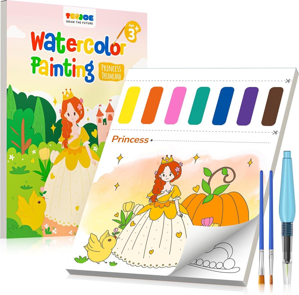 TECJOE Paint with Water Coloring Books for Toddlers, Princess Series Watercolor Set with 3 Brushes, Mess Free Painting Activity for Kids Ages 4 5 6 7 8, Christmas Gifts Arts  Crafts Toy