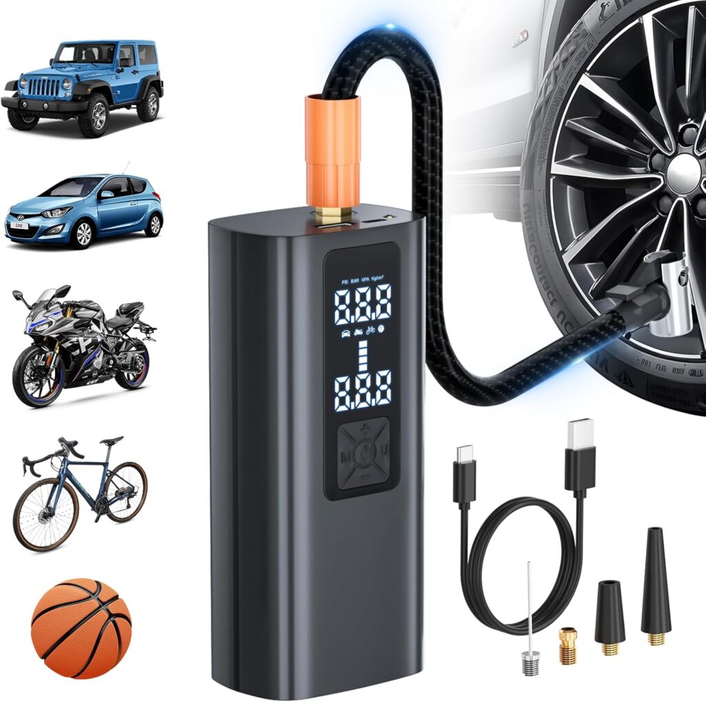 Tire Inflator Portable Air Compressor,150 PSI Portable Air Pump for Car Tires,Electric Bike Tire Pump for Car, Motorcycle, Bicycle, Ball, with Pressure LCD Display, LED Light