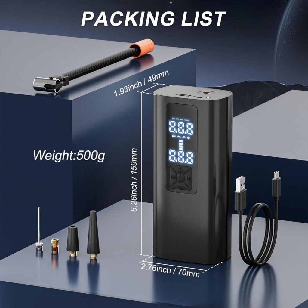Tire Inflator Portable Air Compressor,150 PSI Portable Air Pump for Car Tires,Electric Bike Tire Pump for Car, Motorcycle, Bicycle, Ball, with Pressure LCD Display, LED Light
