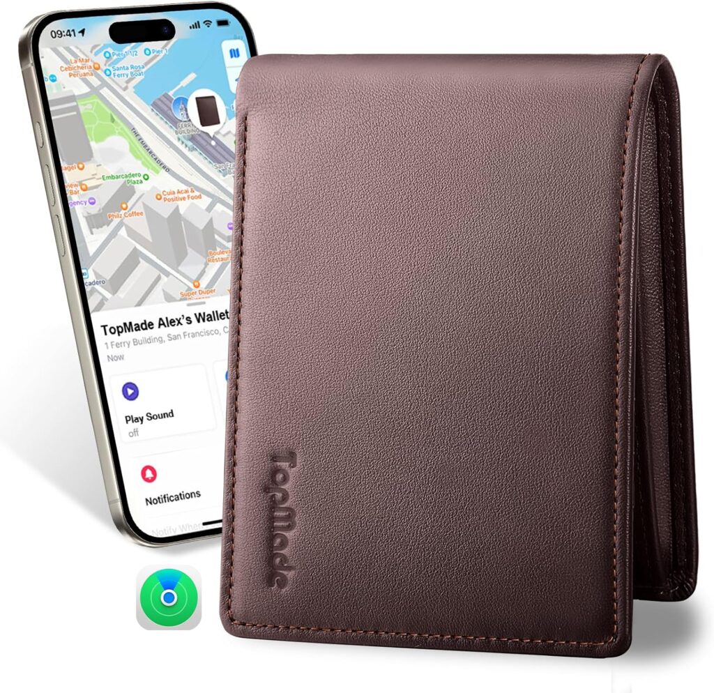 TopMade Mens Wallet with Smart Tracker, Genuine Leather Bifold Wallet with Find My App, 13 Cards High Capacity with ID Window, Cash Slot, Coin Pocket, RFID Blocking, GPS Tracker Wallet, Brown