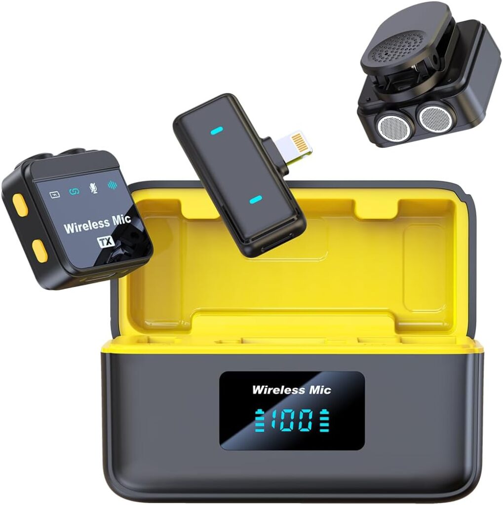 Wireless Lavalier Microphone with 2 Microphone Heads for iPhone 15-16 Android Phone, 100ft Range Noise Canceling Lav Mic Clip On Microphones for iPad Video Recording Vlogging