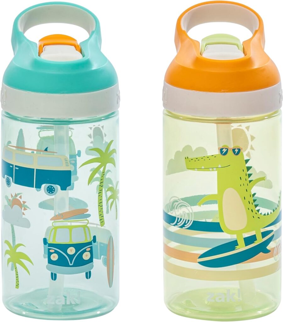 Zak Designs Atlantic Kids Water Bottle For School or Travel, 16oz Durable Plastic Water Bottle With Straw, Handle, and Leak-Proof, Pop-Up Spout Cover, 2-Pack (Surf Boards and Palm Trees) Zak Designs Atlantic Kids Water Bottle For School or Travel, 16oz Durable Plastic Water Bottle With Straw, Handle, and Leak-Proof, Pop-Up Spout Cover, 2-Pack (Surf Boards and Palm Trees)